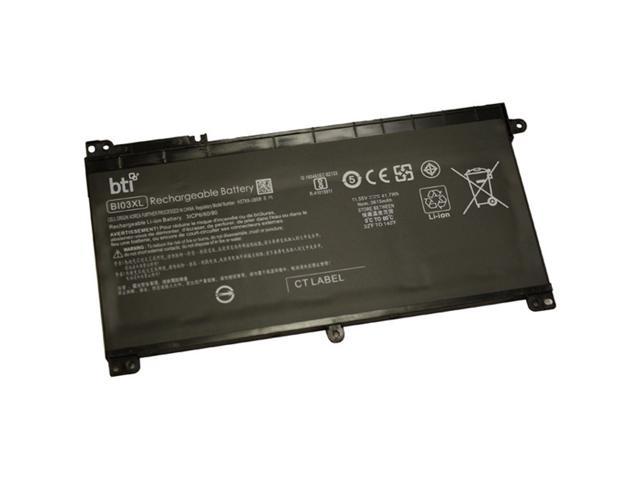 Black rechargeable lithium-ion battery by BTI, designed for HP Stream 14-Ax, 14-Cb, and 14-Ds, featuring technical specifications and safety labels printed on the surface.