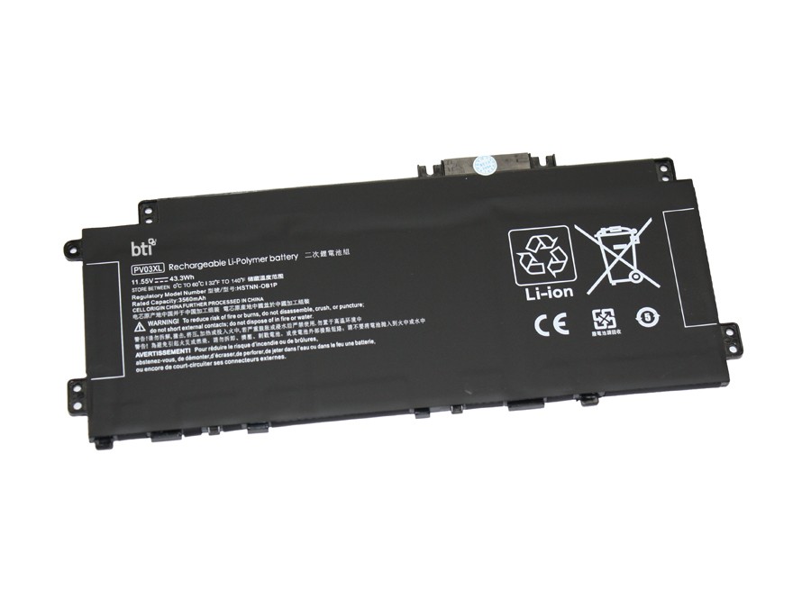Black lithium-ion battery with a rectangular shape, featuring a label with safety icons and text, designed for HP Pavilion x360 14-D, model BTI 43.3 3 Cell PV03043XL.