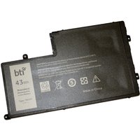 Black BTI 43Wh 3-cell battery for Dell laptops, rectangular with label and safety icons on the surface.