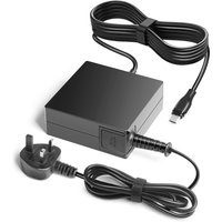 Black BTI 45W USB-C AC adapter with UK plug, long USB-C cable, and compact rectangular design.