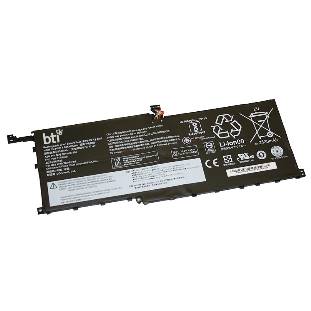 Black 6-cell Li-ion notebook battery with a label featuring BTI branding, specifications, and safety icons, designed for Fujitsu Lifebook models.