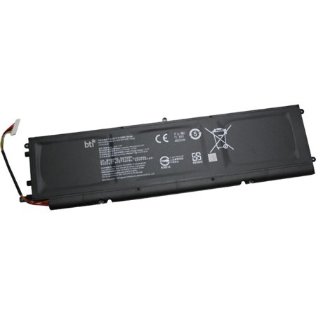 Black rectangular battery with multiple connectors, labeled with specifications and safety icons, designed for compatibility with RAZER laptops.