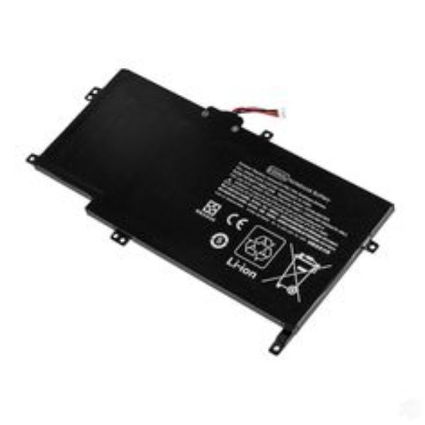 Black lithium-ion battery with three cells, featuring labels and symbols indicating compatibility and safety, designed for HP Compaq Pavilion laptops.