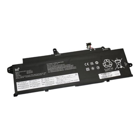 Black rectangular lithium-ion battery with four cells, labeled BTI 57Wh, featuring various safety and compatibility symbols, designed for Lenovo models 21F6008XUS.