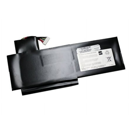 Black rectangular battery with a smooth surface, featuring a label on one side, six cells, and a connector with colored wires, designed for MSI MEDION ERAZER X7613.