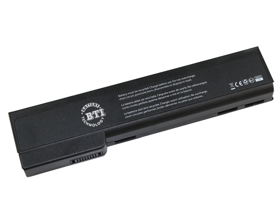 Black 60Wh 6-cell laptop battery with a smooth plastic finish, featuring the BTI logo and various technical labels, designed for HP and COMPAQ models including HP 8470P.
