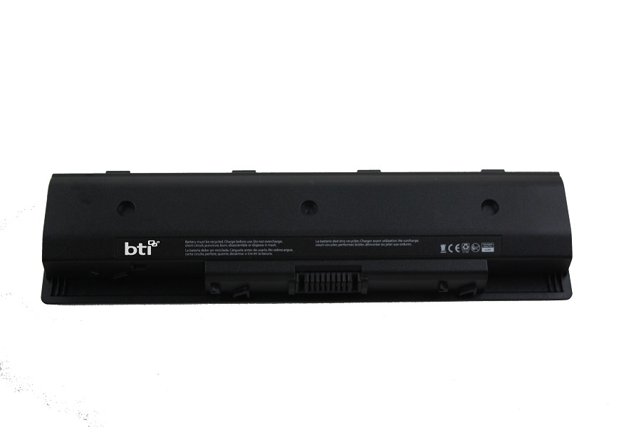 Black BTI 60Wh 6 Cell PI06XL compatible battery for HP laptops, featuring a sleek design with a smooth finish and multiple connection points on the underside.