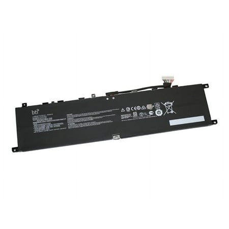 Black lithium-ion battery with a 65Wh capacity, featuring four cells, labeled with technical specifications and compatibility for MSI VECTOR GP76 12UH-60, with a connector on one end.