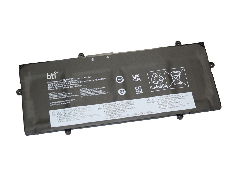 Bti 4-cell 15.12v Li-ion notebook battery in black, featuring labels with safety icons and specifications, designed for Fujitsu Lifebook U741.