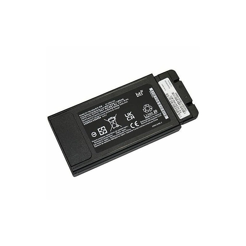 Black 68Wh 6-cell battery for Panasonic Toughbook, featuring a sleek design with labels and safety symbols, and a connector on one end for easy installation.