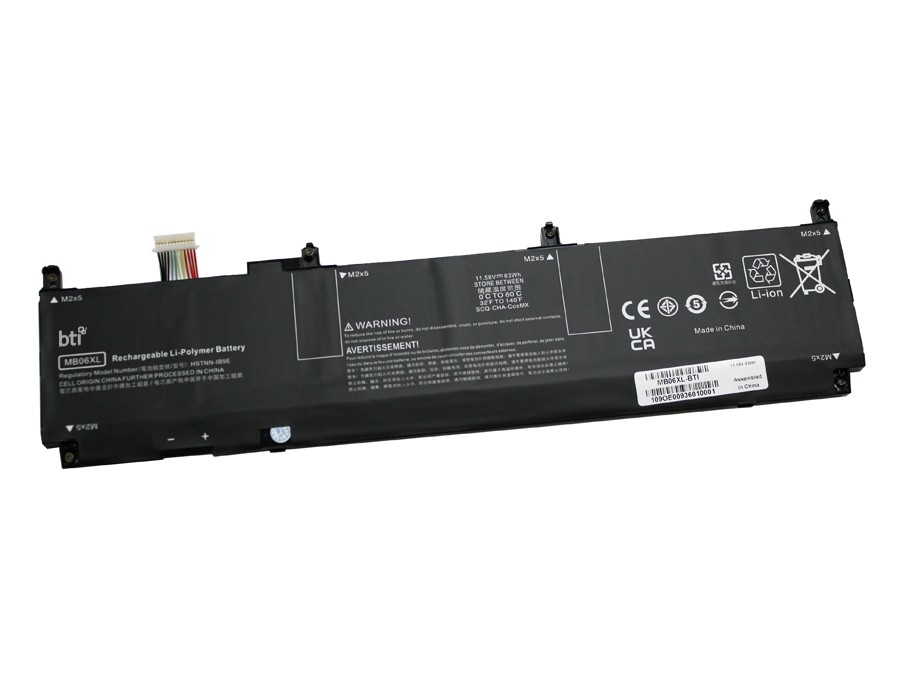 Black rechargeable Li-ion battery with six cells, labeled for HP Zbook Studio G7, featuring connectors and warning labels, made by BTI.