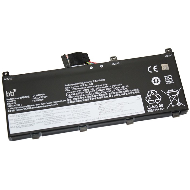 Black lithium-ion battery with six cells, labeled BTI, model SB10T83145, featuring safety symbols and specifications printed on the surface, designed for Lenovo ThinkPad P53.