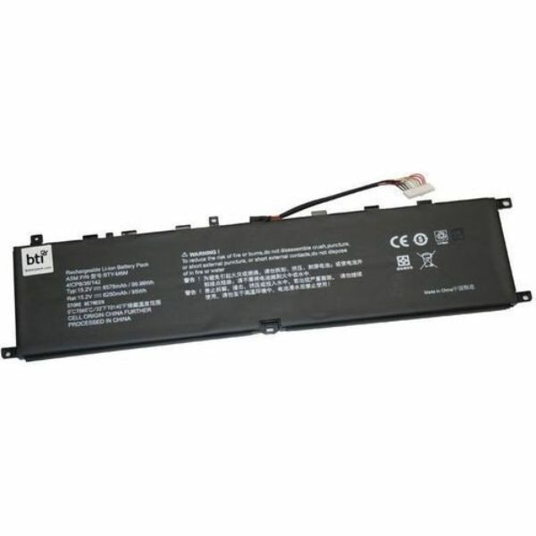 Black lithium-ion battery with four cells, labeled BTI, featuring a connector and various technical specifications printed on the surface, designed for MSI WS66 10TMT-207US GE laptops.