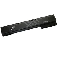 Black BTI notebook battery with white logo, rectangular shape, and visible connector pins.
