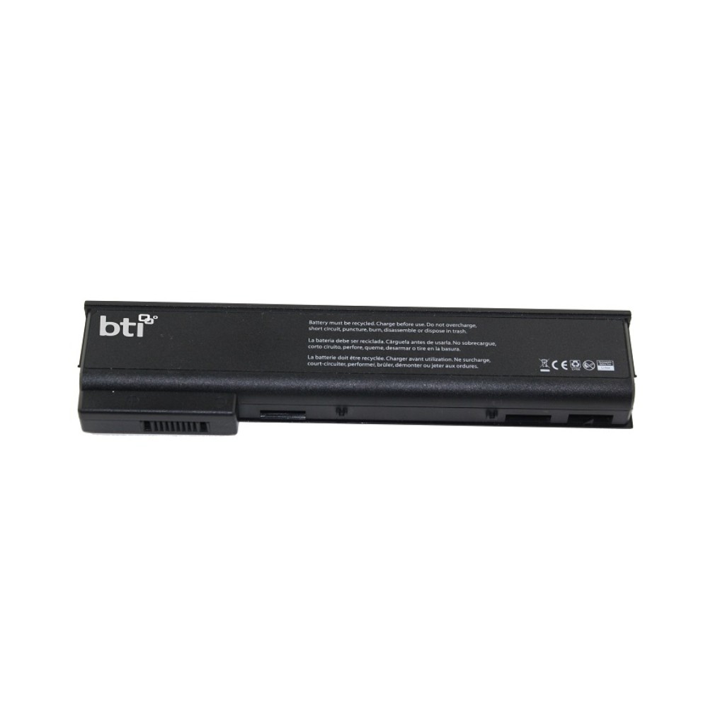 Black lithium-ion notebook battery with a 2550mAh capacity, featuring a sleek design and multiple connection points, marked with the BTI logo and safety information on the back.
