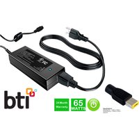 Black BTI 65W power adapter with two-prong plug, rectangular shape, and attached cable with yellow-tipped connector.
