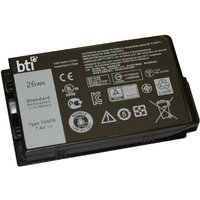 Black BTI 26Wh 2-cell battery for Dell Latitude 12 7202, featuring safety icons and specifications on label.