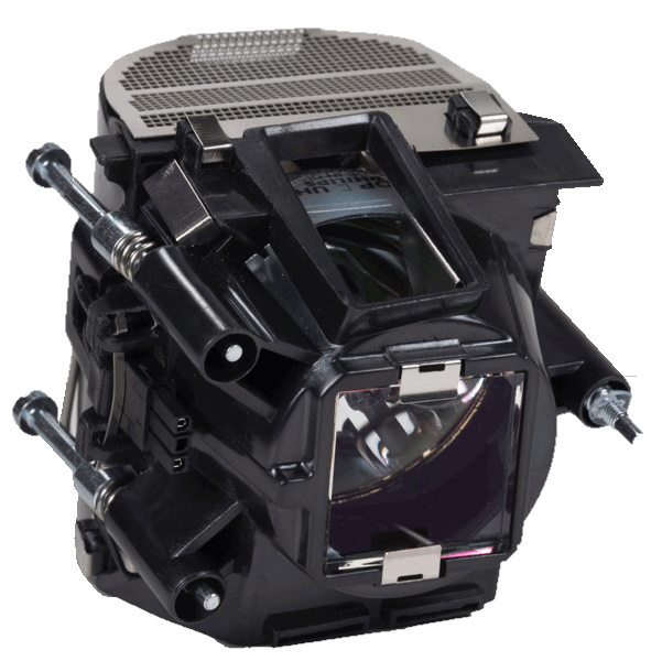Black projector lamp with a glass lens, metal connectors, and a ventilation grille on top, designed for BARCO and CHRISTIE models, labeled as OEM: 003-120181-01 by BTI.
