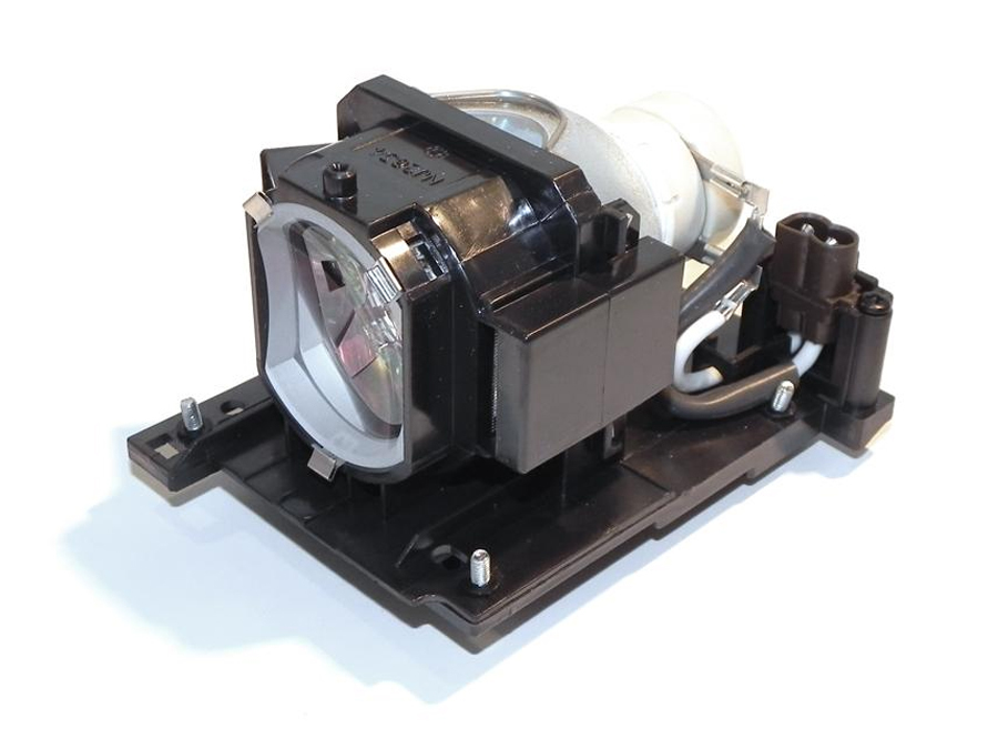 Black projector lamp assembly with a clear glass lens, featuring a white connector and metal fittings, designed for HITACHI CP-RX70W and OEM compatible with CPRX80LAMP DT01022.