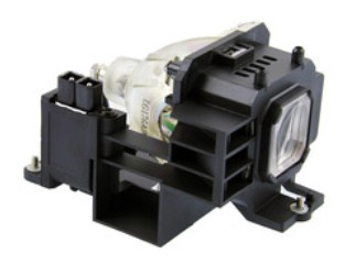 Black projector lamp housing with a clear glass bulb, featuring multiple connectors and a rectangular base, designed for NEC NP series projectors.