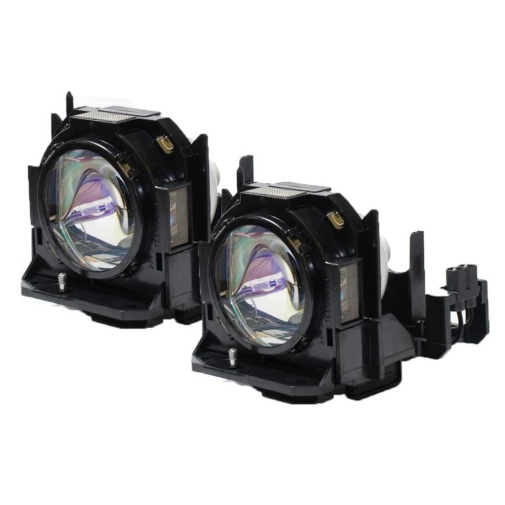 Two black projector lamps with clear glass lenses, designed for Panasonic models PT-D5000, PT-D6000, PT-DW6300, and PT-DW730, featuring a sturdy housing and electrical connectors.