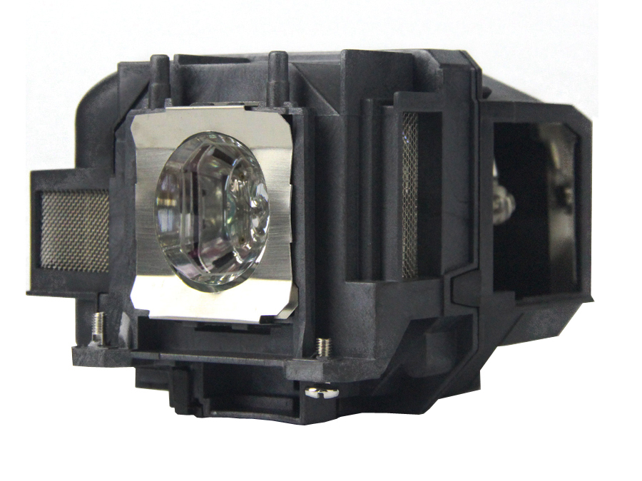 Black projector lamp with a shiny silver reflector and glass lens, designed for various Epson projector models, featuring a sturdy housing with ventilation grilles.