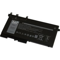 Black BTI replacement battery for Dell Latitude with label and safety icons, rectangular shape with connector tabs.