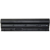 Black BTI replacement battery for DELL Latitude E6220 series, rectangular with safety certifications and connector strip.