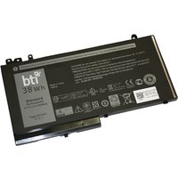 Black BTI laptop battery for Latitude models, labeled 38Wh, with multiple certification icons and product details.