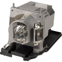 BTI replacement projector lamp for NEC, silver casing with mesh vents and clear bulb, mounted on black base.