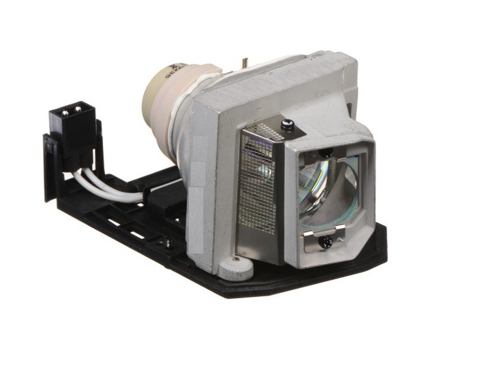 Replacement projector lamp with a gray and black housing, featuring a glass lens and a connector for installation, designed for OPTOMA models HD30B, HD30, and HD25.