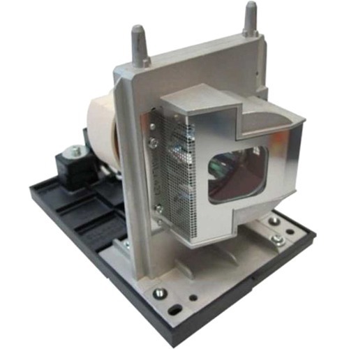 Replacement projector lamp featuring a silver metal housing with a glass lens, mounted on a black plastic base, designed for specific OPTOMA projector models.
