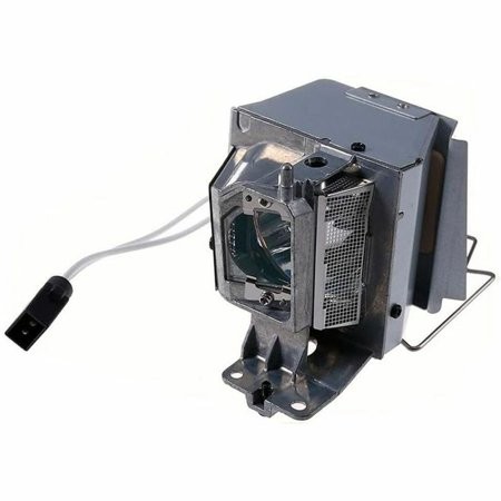 Replacement projector lamp with a metallic housing, featuring a glass lens at the front, cooling vents on the side, and a wire connector for installation, designed for OPTOMA models.