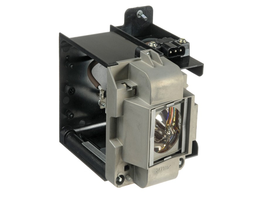 Replacement projector lamp with a metallic housing, featuring a clear glass lens and electrical connectors, designed for Mitsubishi models LVP-XD3200, LVP-WD3300, and GX-6400.