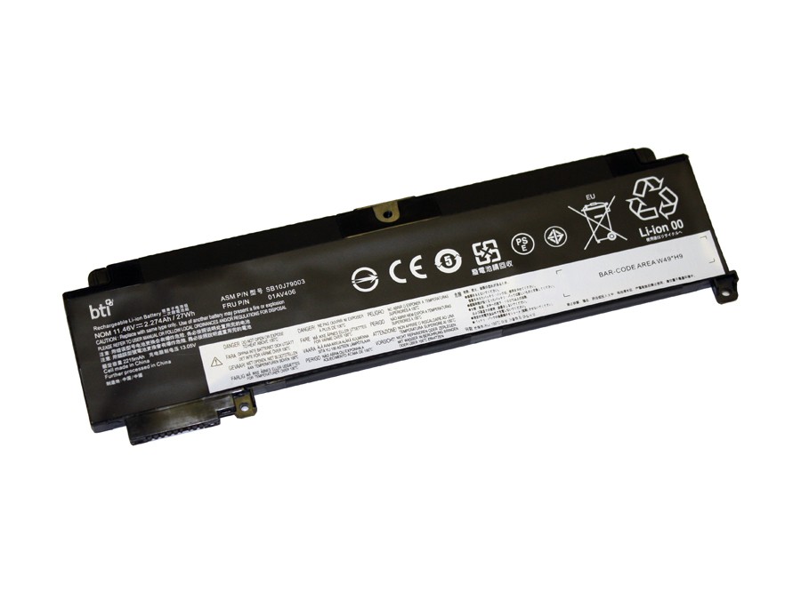 Black lithium-ion battery with three cells, labeled BTI SB10J79003, featuring safety and compatibility icons, designed for Lenovo Thinkpad T460, with detailed specifications on the side.