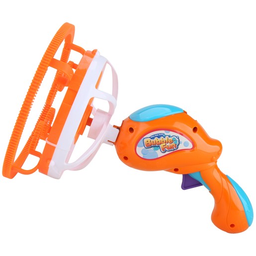 Bright orange and blue plastic bubble fan blaster with a large circular bubble wand, designed for creating streams of bubbles with a trigger mechanism.
