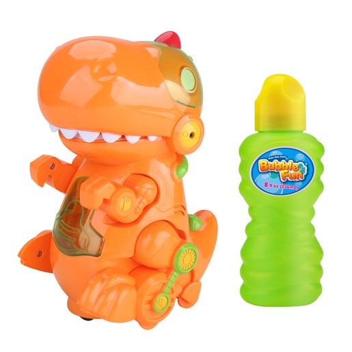 Bright orange dinosaur bubble blower with a smiling face, movable arms, and a red crest, accompanied by a green bubble solution bottle.