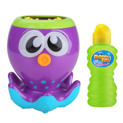 Purple octopus-shaped bubble blower with large eyes and a bright blue base, accompanied by a green bottle of bubble solution labeled "Bubble Fun."