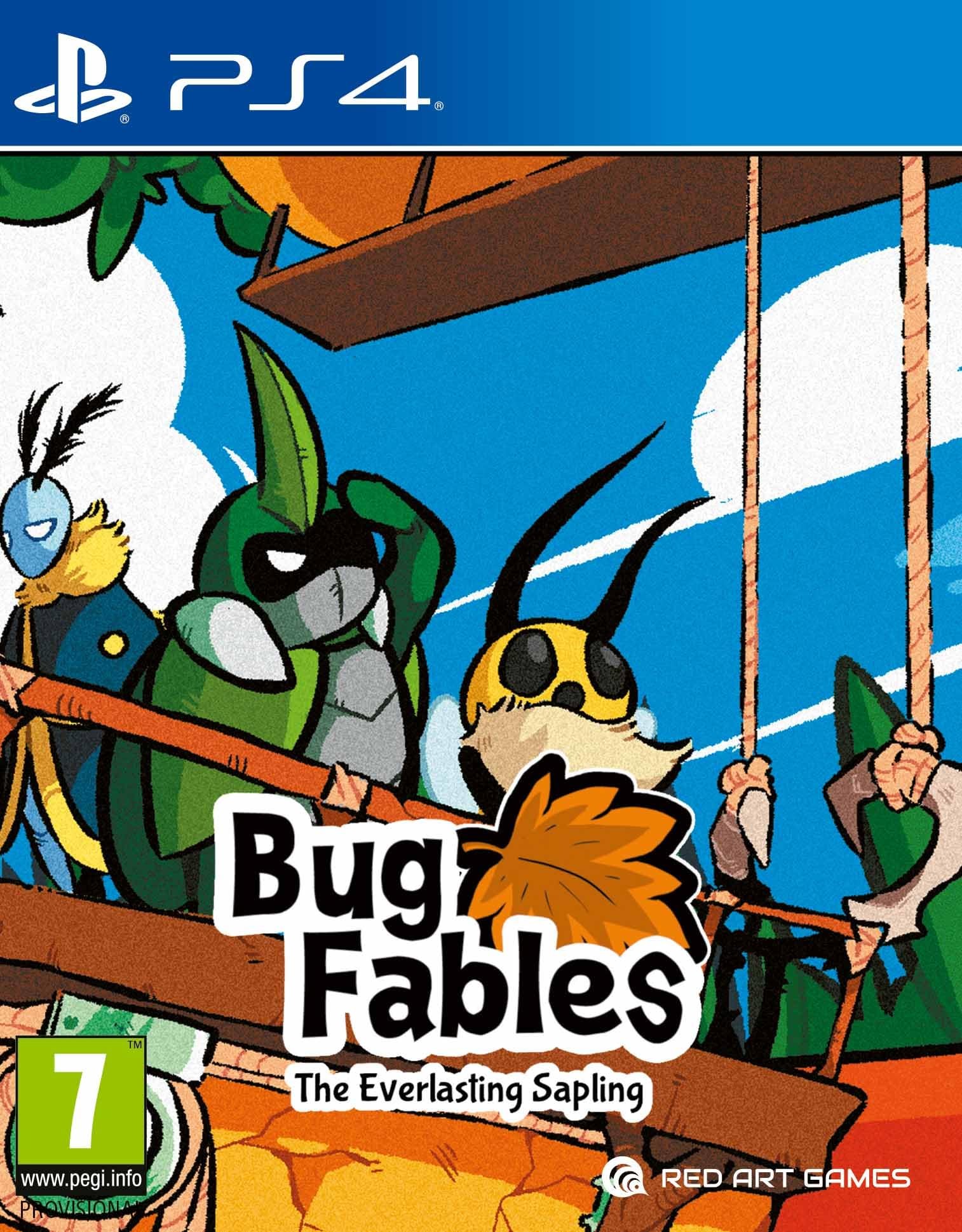 Cover art for "Bug Fables the Everlasting Sapling" featuring colorful cartoon insects on a wooden platform, with a blue PS4 logo and a prominent title in bold, stylized font.