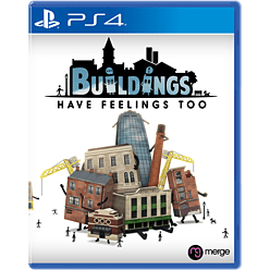 Colorful video game cover featuring whimsical buildings with faces, construction cranes, and the title "Buildings Have Feelings Too" prominently displayed, designed for PlayStation 4.