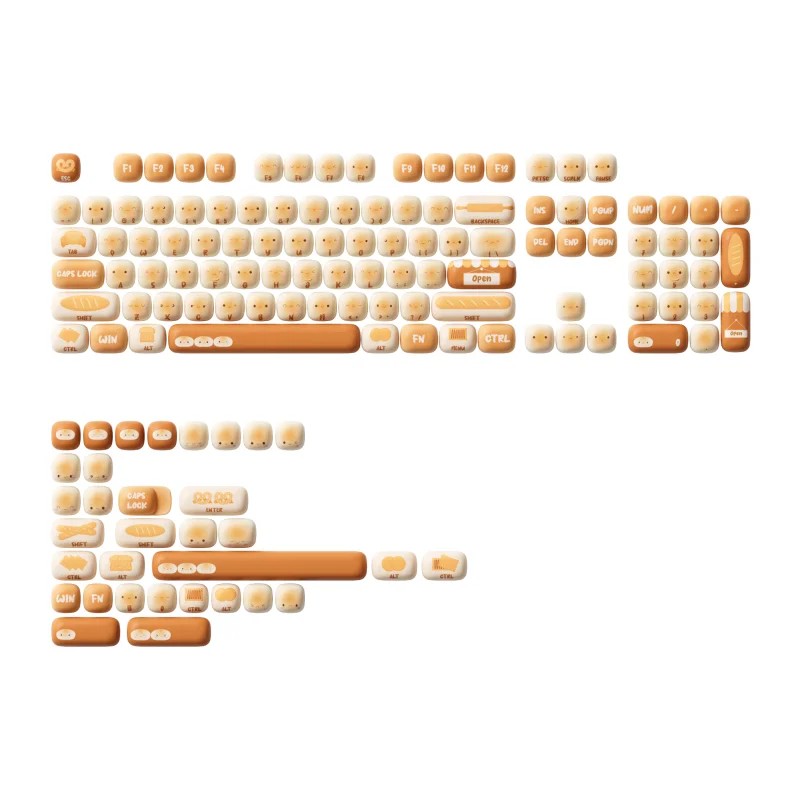 Cute PBT keycap set featuring round bun and mushroom designs in soft orange and cream colors, with 5-side dye-sublimated ANSI/ISO layout suitable for gifting.