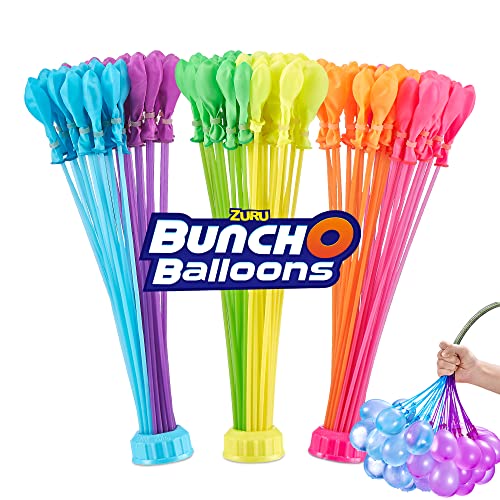 Colorful bunches of water balloons in blue, green, yellow, and pink, featuring rapid-filling and self-sealing designs, packaged for easy use by kids and adults.