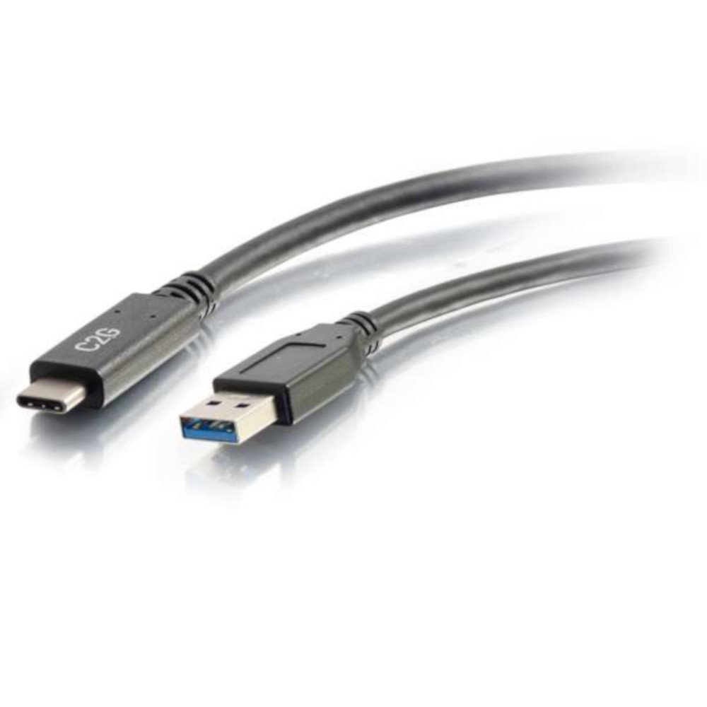 C2G 6-foot black Type C to USB-A cable featuring a durable design with a sleek finish and connectors for fast data transfer and charging.