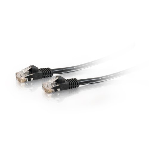 Black 10m Cat5e booted unshielded (UTP) network patch cable with clear connectors on both ends, designed for reliable Ethernet connections.