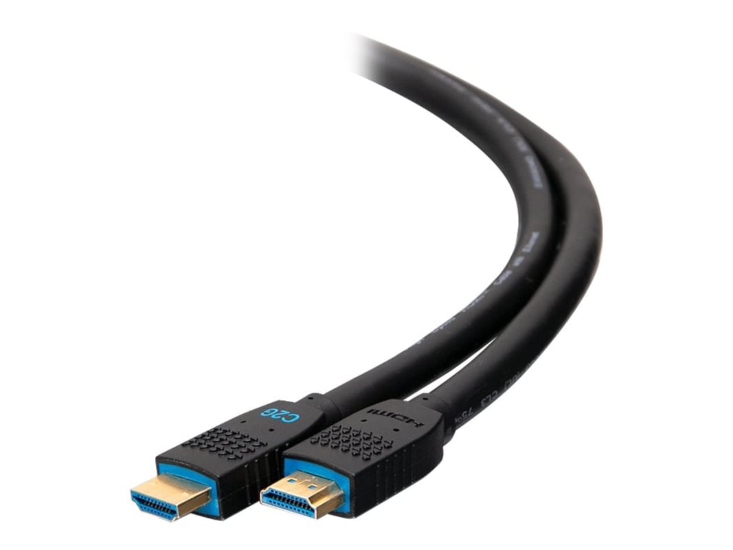 Premium 25ft black HDMI cable with blue connectors, featuring a durable design for high-speed data transfer and compatibility with various devices.