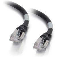 Black C2G 2m Cat6a booted shielded network patch cable with clear connectors and protective boots.