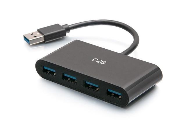 Black C2G 4-Port USB 3.0 hub with a SuperSpeed USB 5Gbps connection, featuring four blue USB-A ports and a short attached cable.