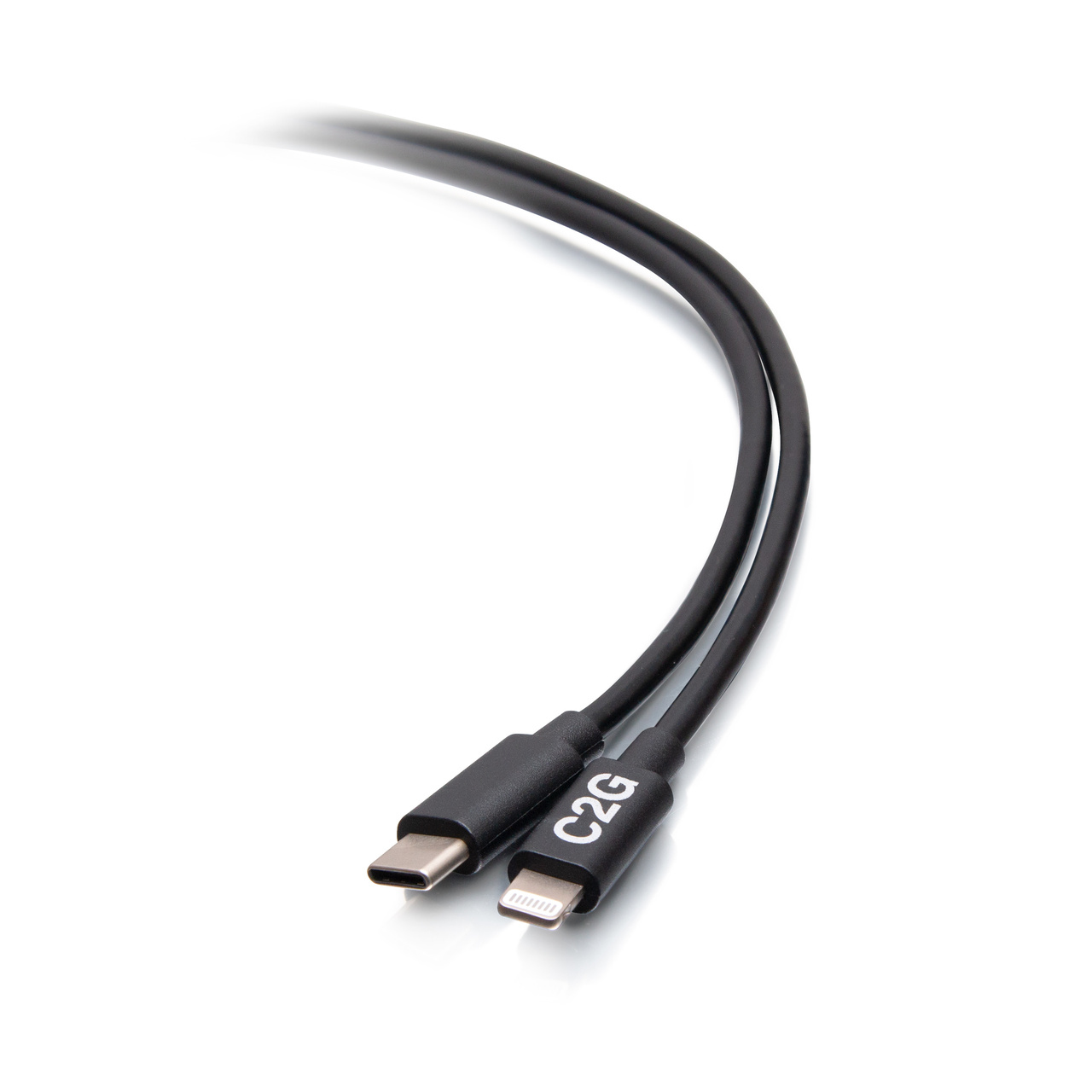 Black 6ft USB-C to Lightning cable featuring durable connectors, marked with "C2G," designed for syncing and charging devices.