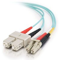 Turquoise C2G 85514 fibre optic cable, 2m, with SC connectors and OFNR jacket, featuring red and black strain relief.