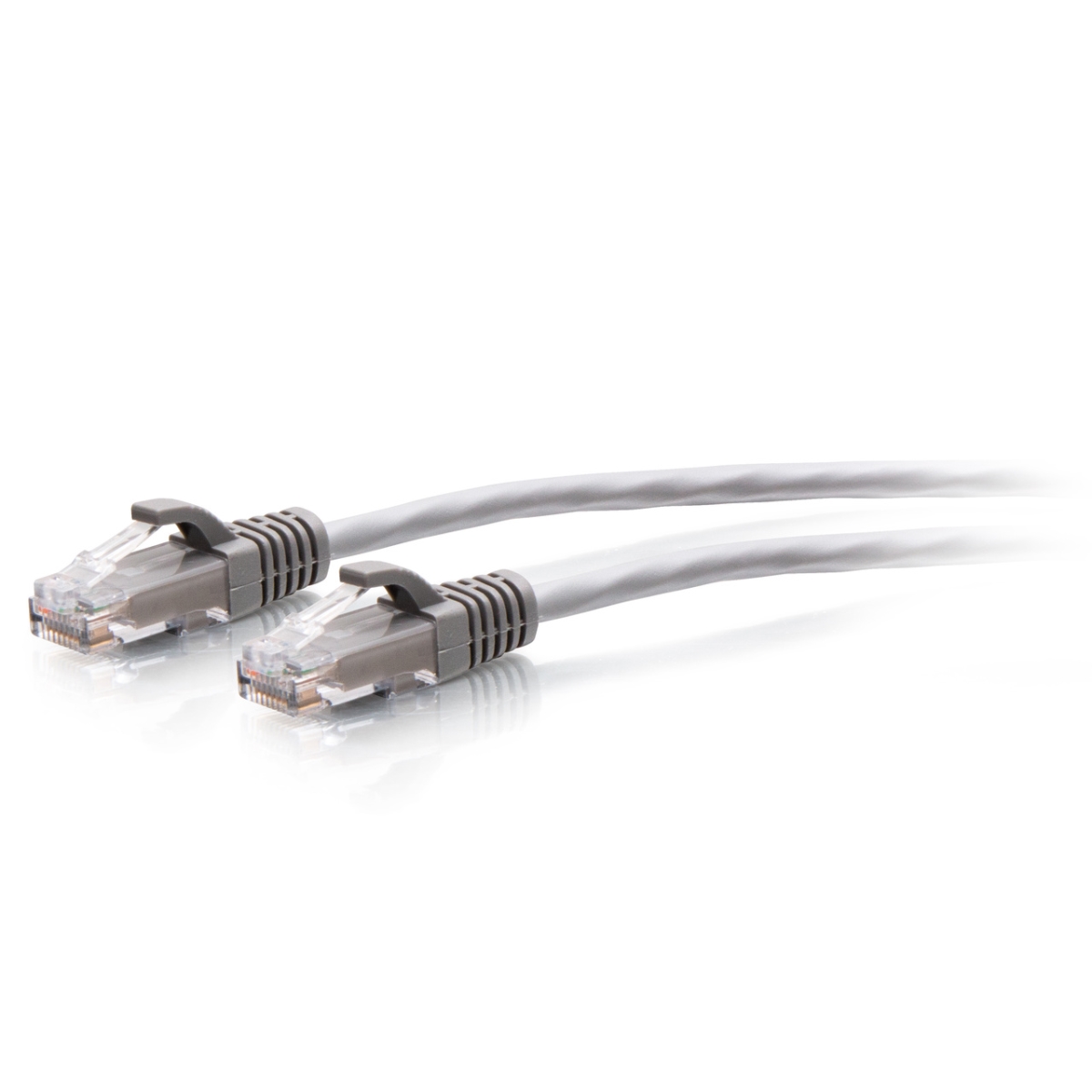 Gray 5 ft. Cat6a snagless unshielded twisted pair Ethernet patch cable with transparent connectors on both ends.